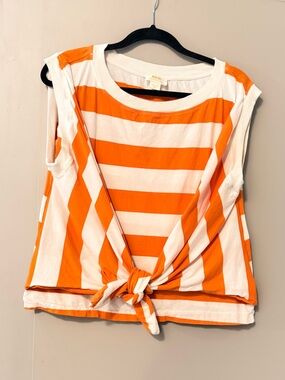 Anthropologie Maeve Orange White Stripe Tie Front Knot Tee size Medium